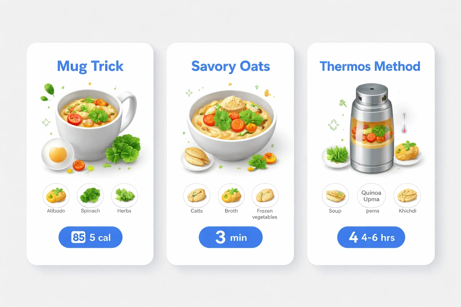 Modern card layout on a light gray background showing three office snack methods: Mug Trick with egg and veggies in a mug, Savory Oats bowl with broth and vegetables, and Thermos Method with soup, quinoa upma, and khichdi, highlighted with blue accents.