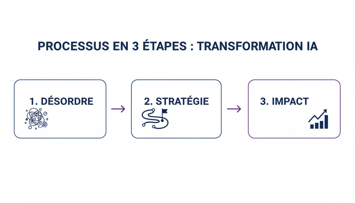 Processus de transformation IA en 3 étapes: désordre, stratégie et impact, illustré par des icônes.