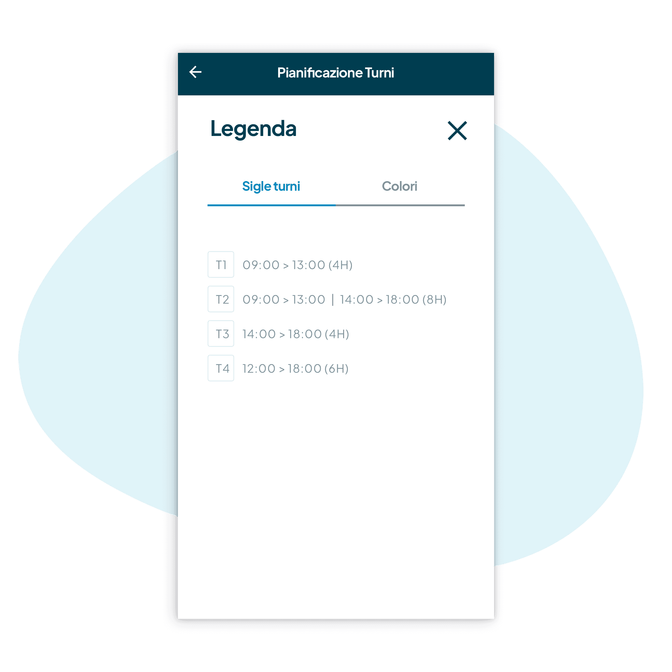 Schermata di Fluida relativa possibilità di assegnare una sigla ad ogni turno, potendoli poi identificare facilmente grazie alla legenda