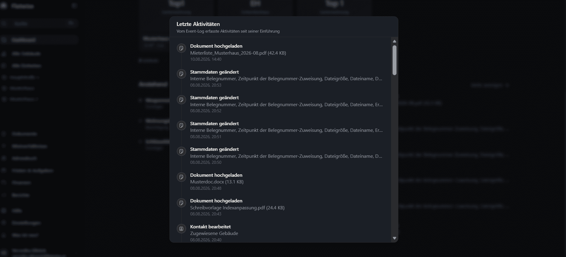 Ansicht Dashboard letzte Aktivitäten. 