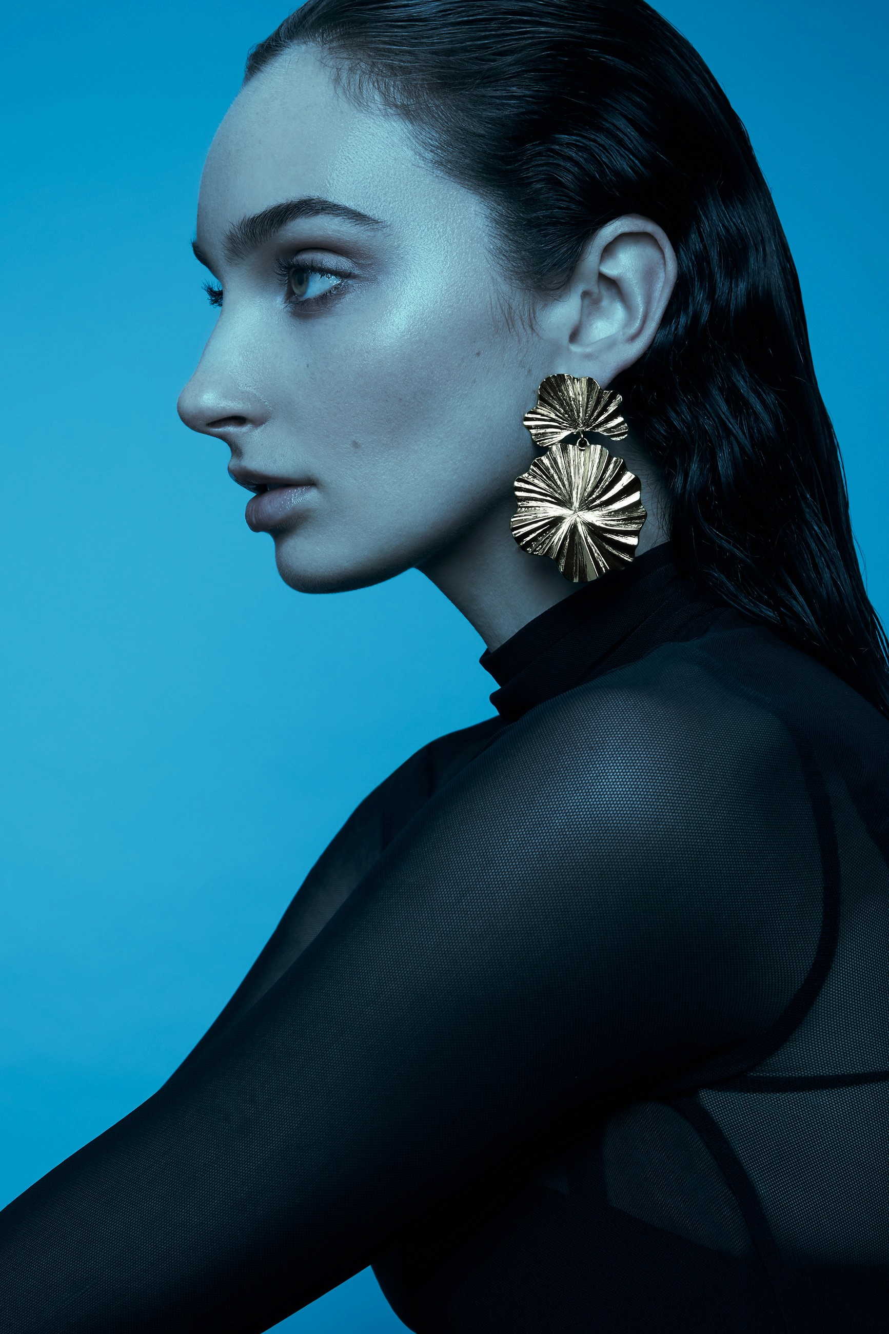 Female brunette model in profile, in soft cool studio lighting, wearing a tight sheer black top and a large two-piece golden leaf earring.