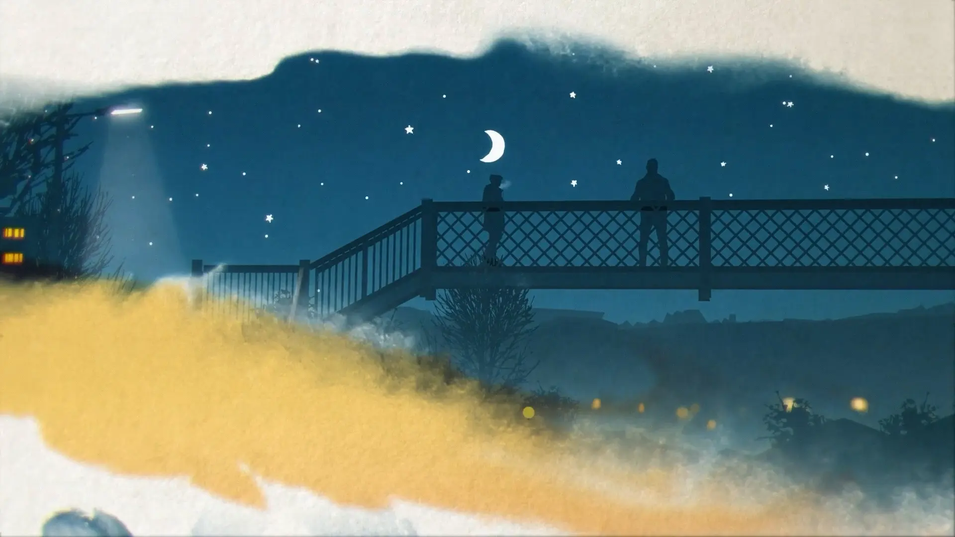 Watercolour-style animated scene showing two silhouetted figures standing on a footbridge at night under a crescent moon.
