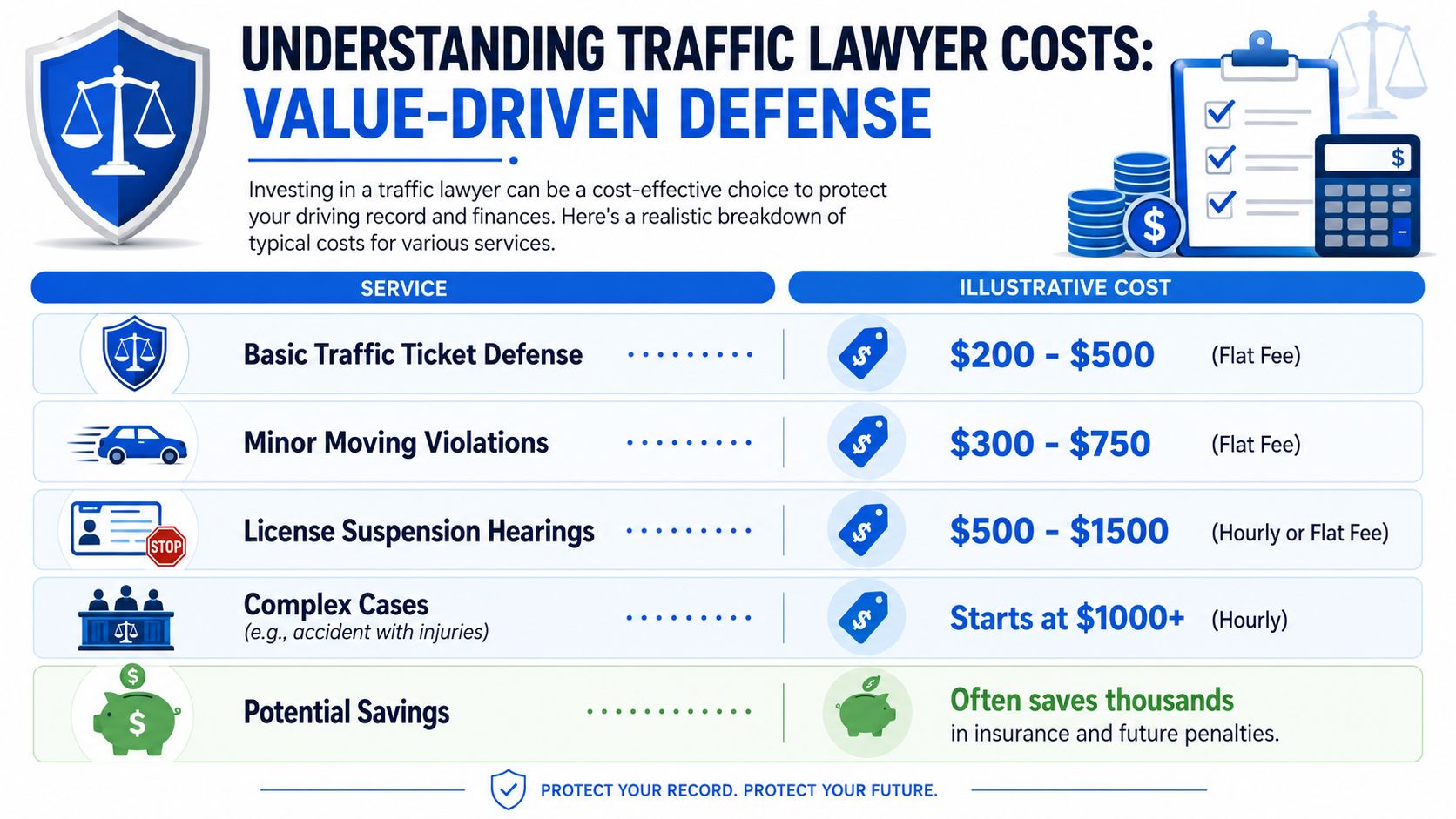 A chart detailing the estimated costs for different types of traffic lawyer services and potential financial savings.