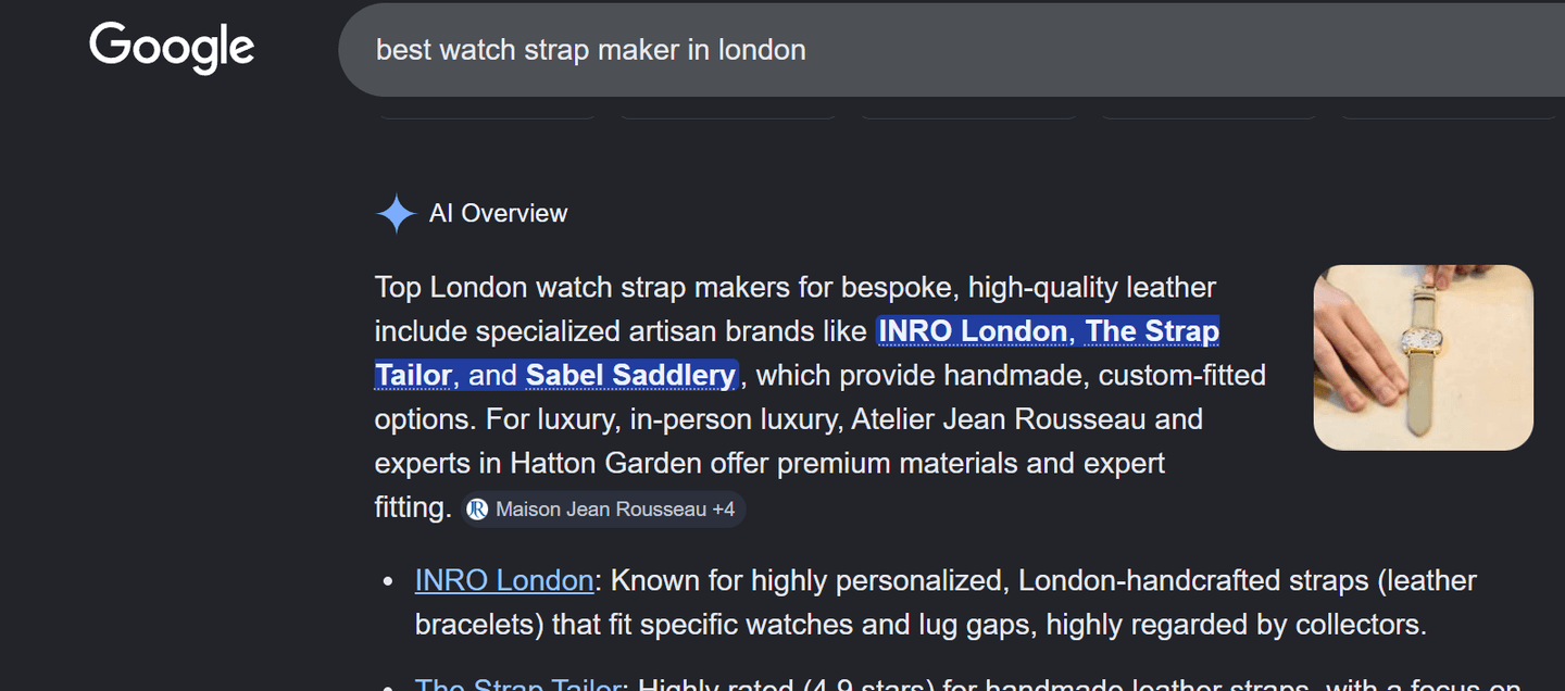 Google's AI Overview for "best watch strap maker in london", with INRO London named first among the top makers