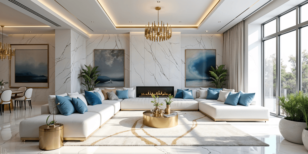 Elegant living room with white marble walls, gold chandelier, blue cushions, and linear fireplace