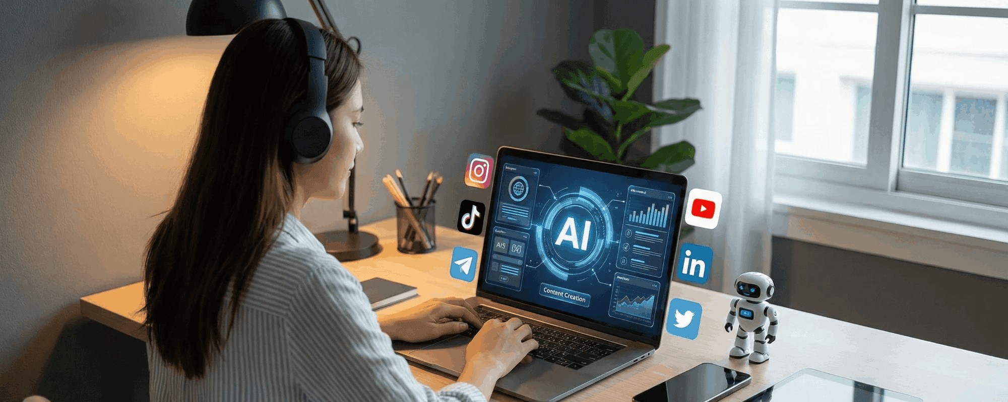 Woman working on laptop - Best AI Tools for Social Media Content Creation