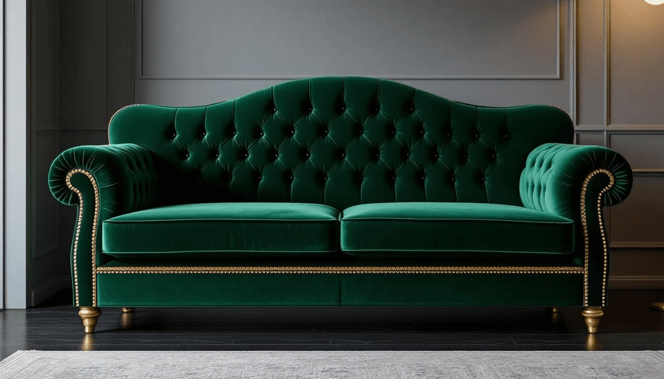 Na obrazie znajduje się luksusowa kanapa z weluru w głębokim odcieniu zieleni, ozdobiona złotymi akcentami, idealna do nowoczesnego salonu. Jej elegancki design i komfortowe siedziska sprawiają, że jest świetnym wyborem do każdego wnętrza, a dodatkowa funkcja spania czyni ją praktycznym rozwiązaniem dla gości.