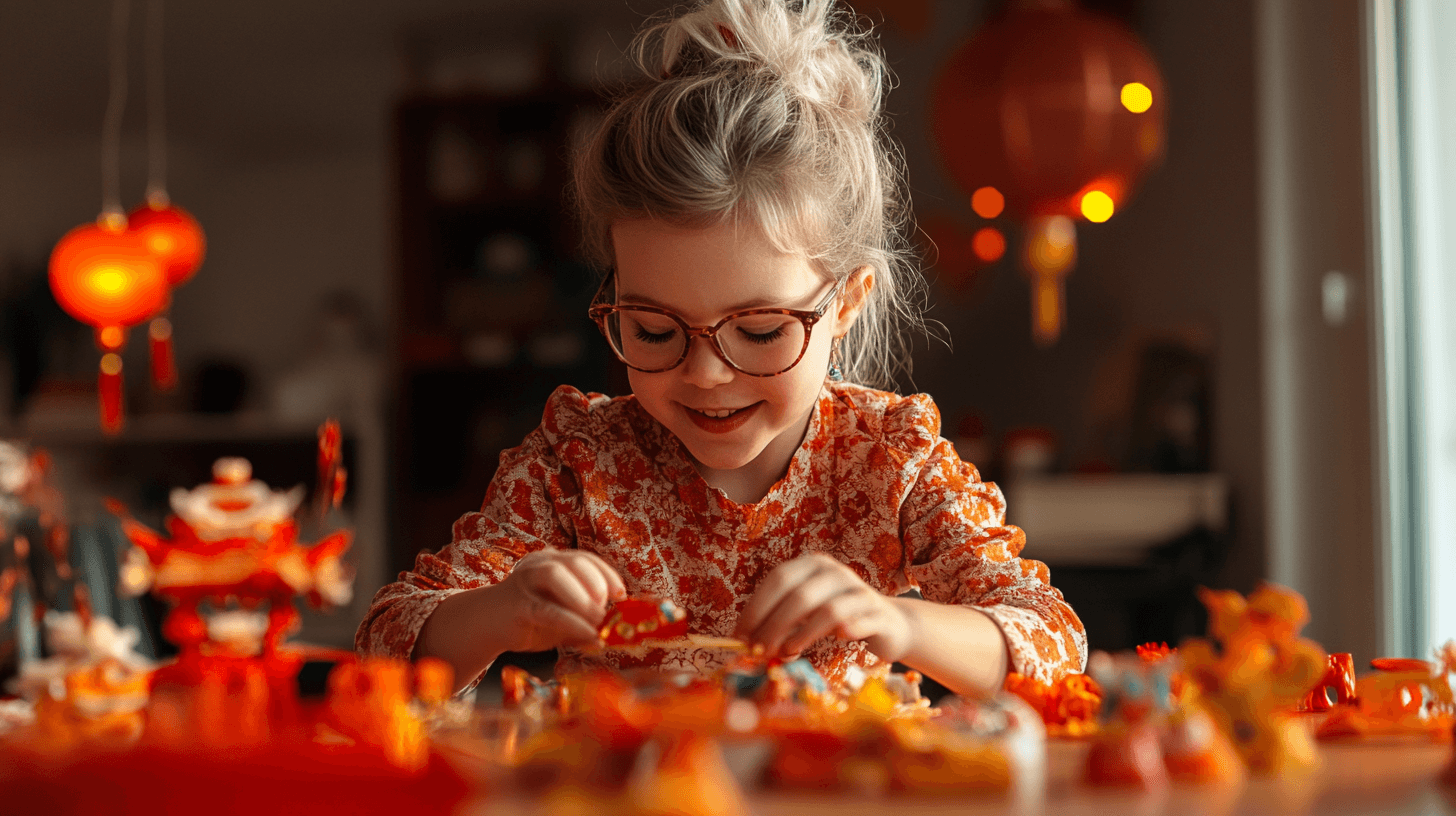 A nanny teaching a child about cultural traditions through interactive Chinese new year activities.