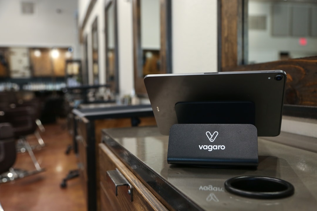 Tablet on a stand with vagaro logo in salon