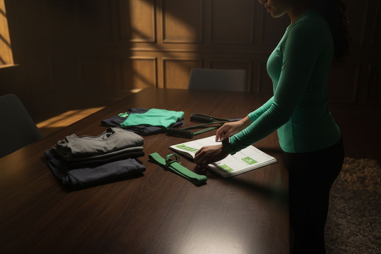 A person organizing workout clothes and a planner at home