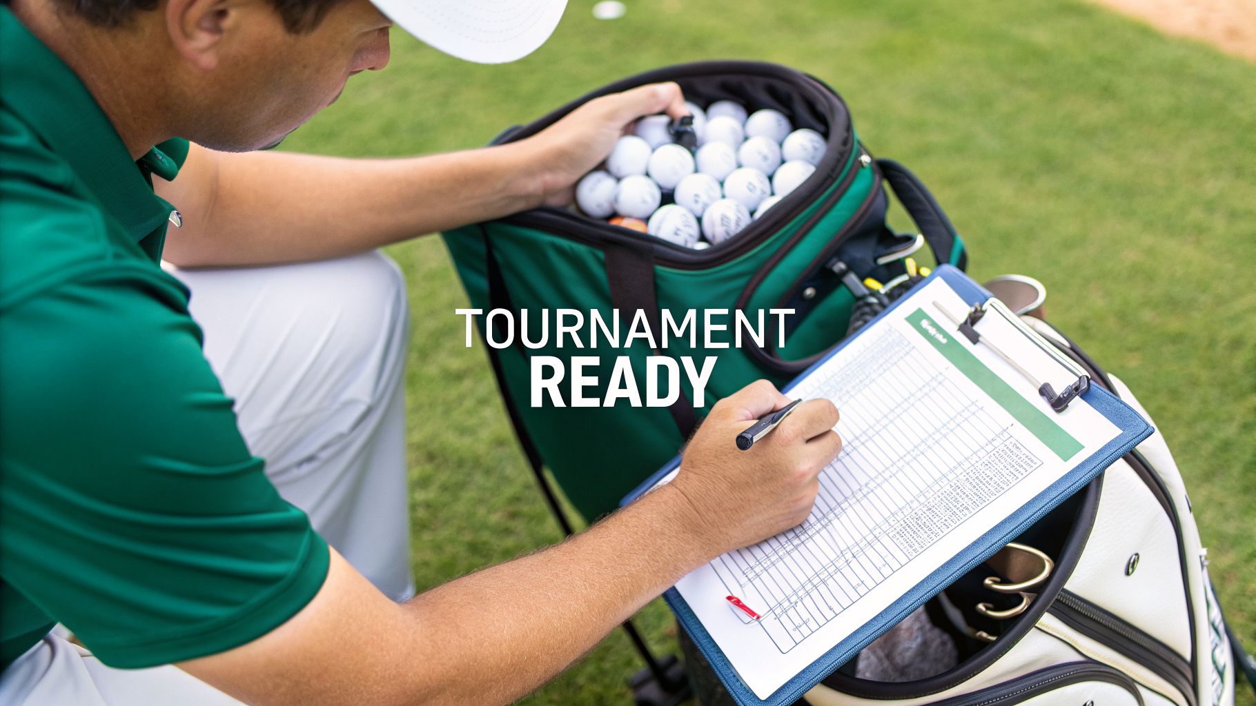 A golfer in a green shirt writes on a clipboard next to a bag of golf balls, ready for a tournament.