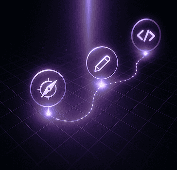 Animated graphic showing glowing purple orbs connected by a light trail, set against a dark background.
