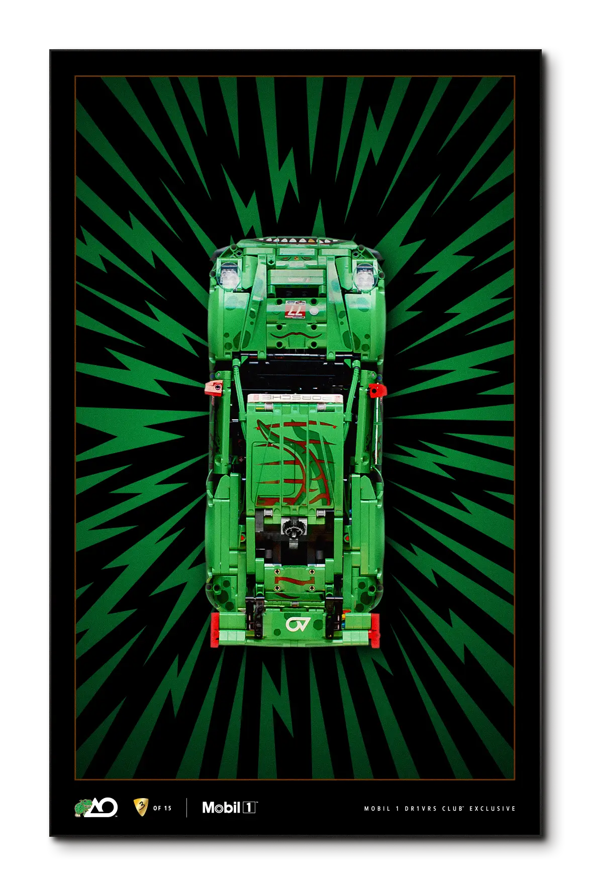 LEGO® Technic AO Racing Porsche 911 GT3 R “Rexy” model displayed vertically in a black LED-lit frame, shown from a top-down view against a bold green radial burst background, with Mobil 1 and AO Racing branding along the bottom.