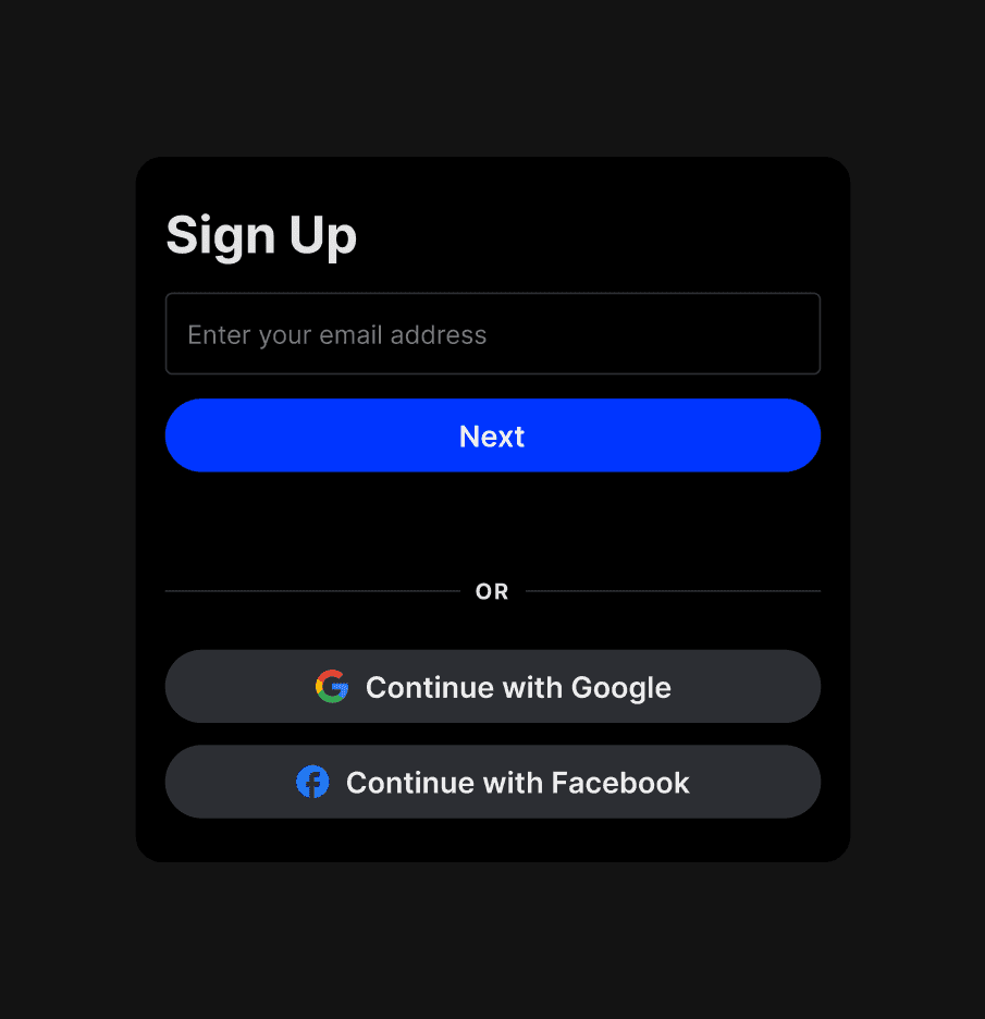 Minimalist UI design for the Nightify account registration screen. Features a clean "Sign Up" input field with social authentication alternatives, demonstrating a friction-free onboarding process for new platform users.