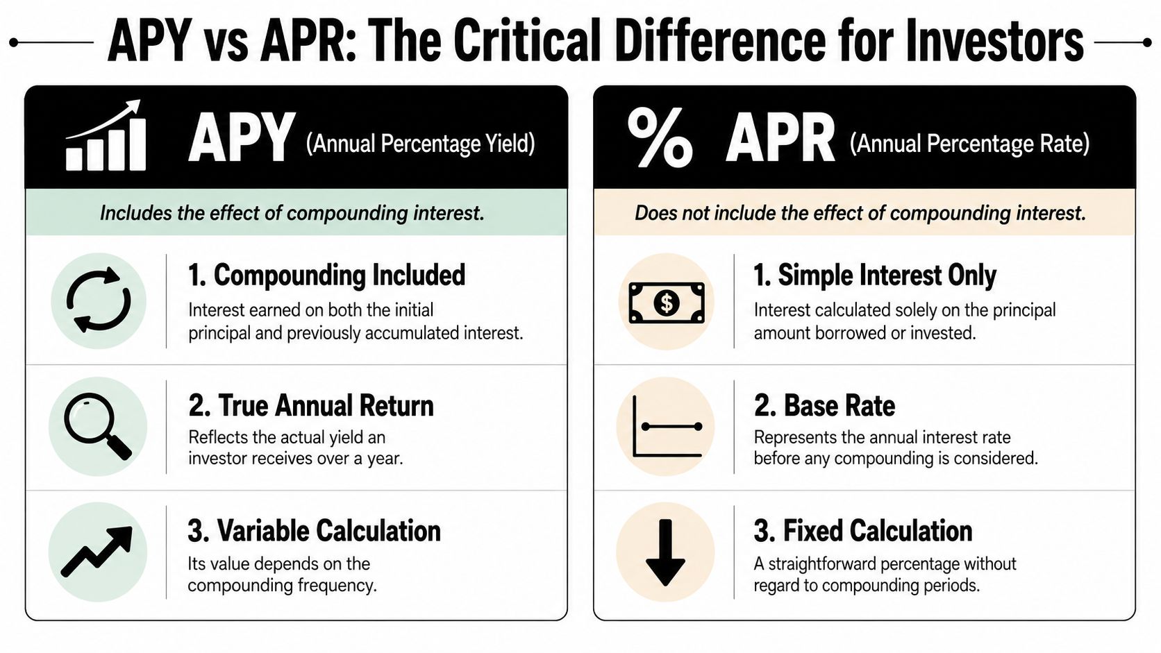 A comparison chart explaining the critical differences between APY and APR for financial investments.