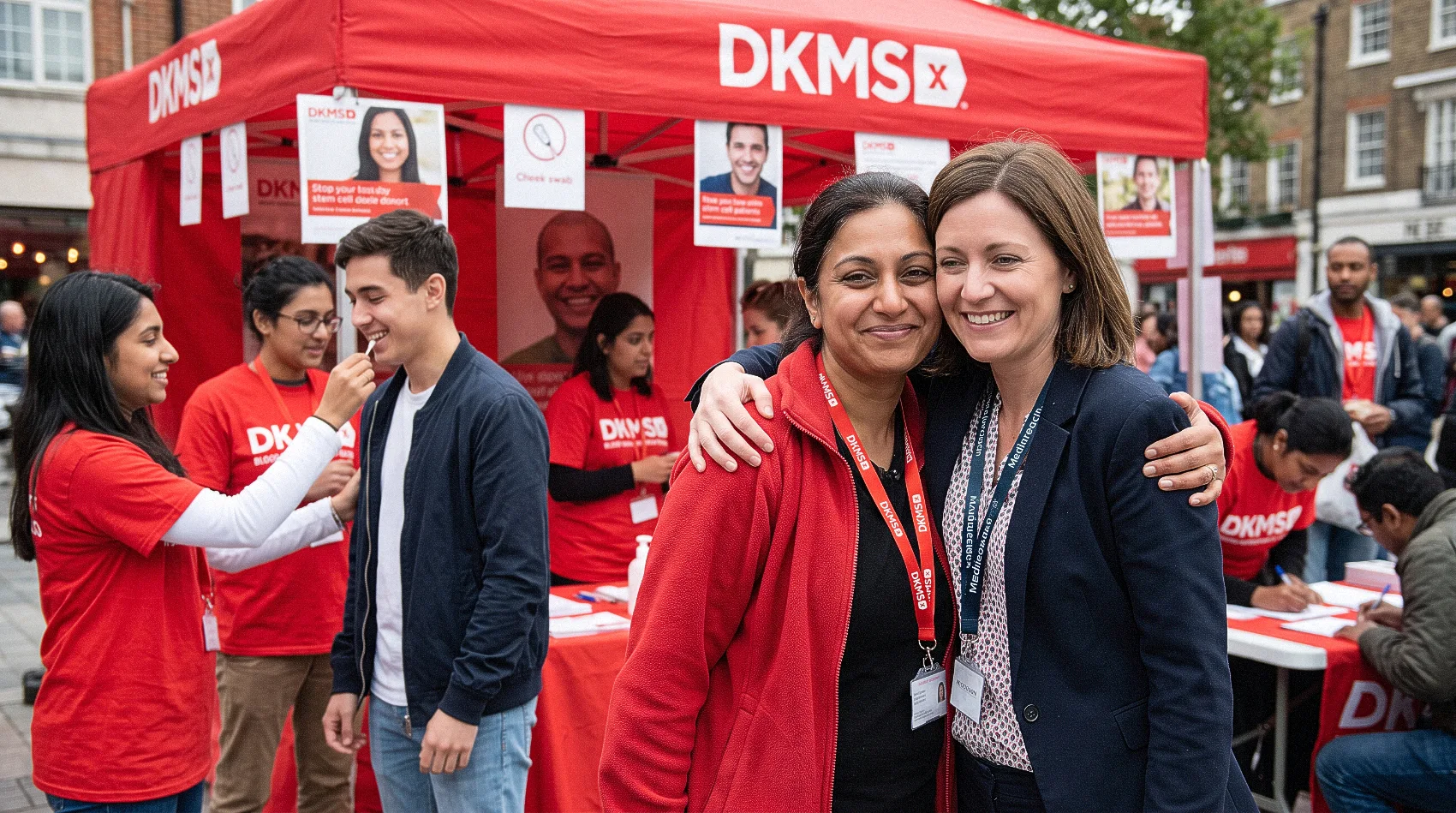 DKMS and Mediareach outdoor pop-up in London with volunteers doing stem cell donor cheek swab tests and hugging