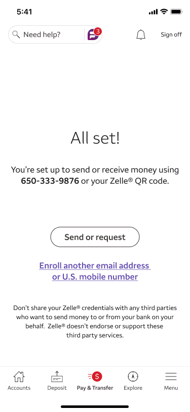 Confirmation screen with Send or Request CTA