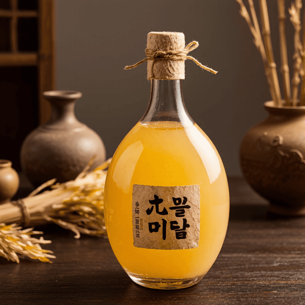 product photography of a bottle of traditional Korean rice wine