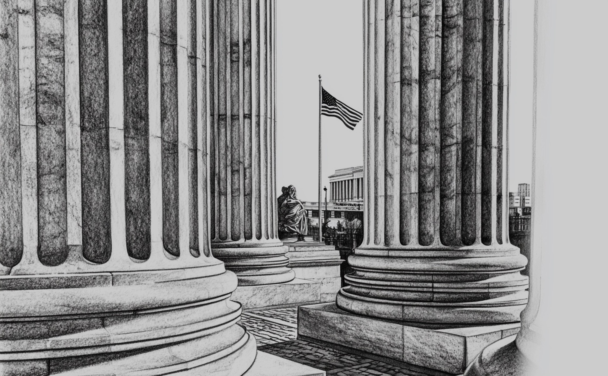 Pencil sketch of the US flag between structural coumns