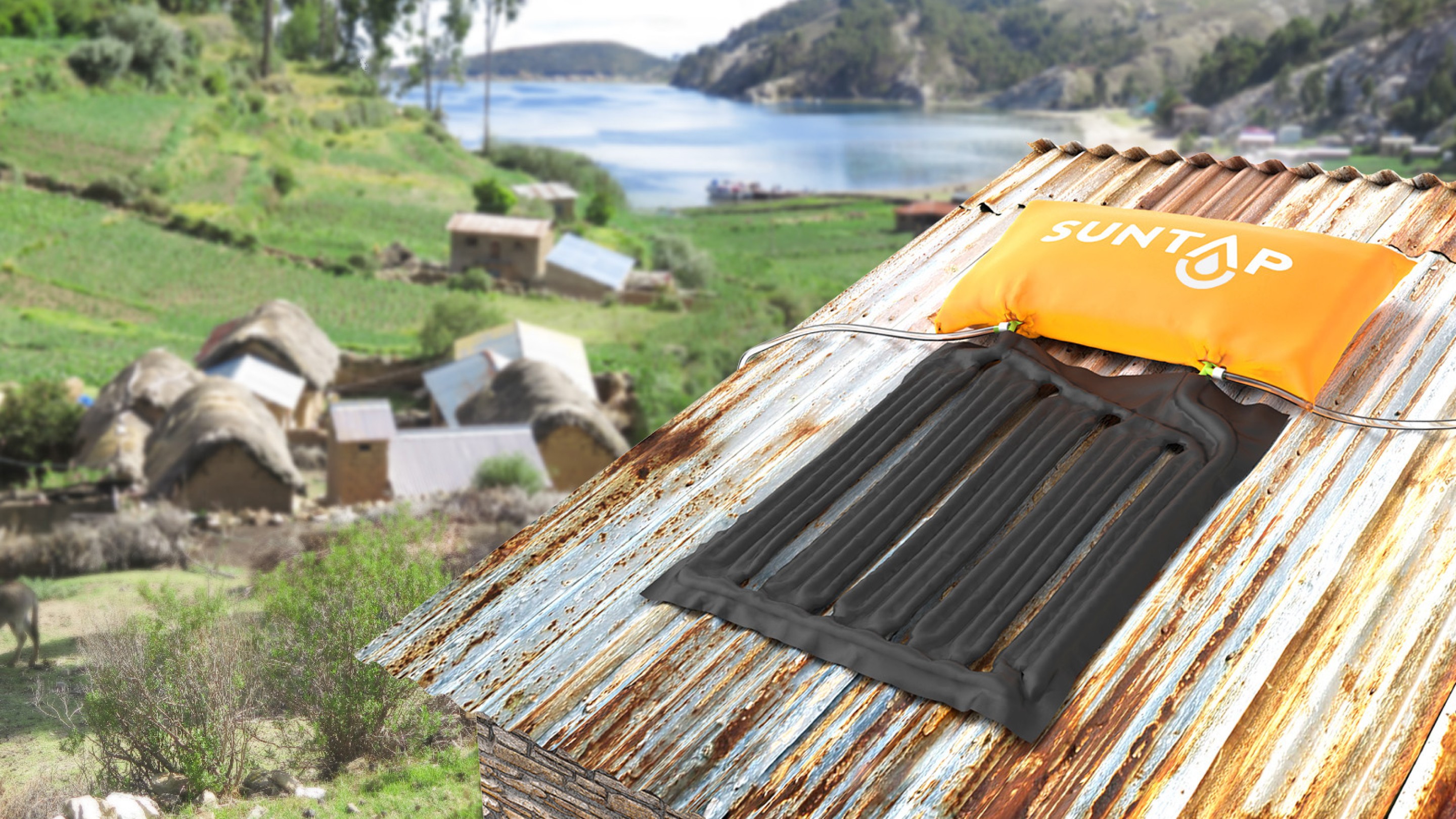 Sun Tap concept resting on cabin roof in village.