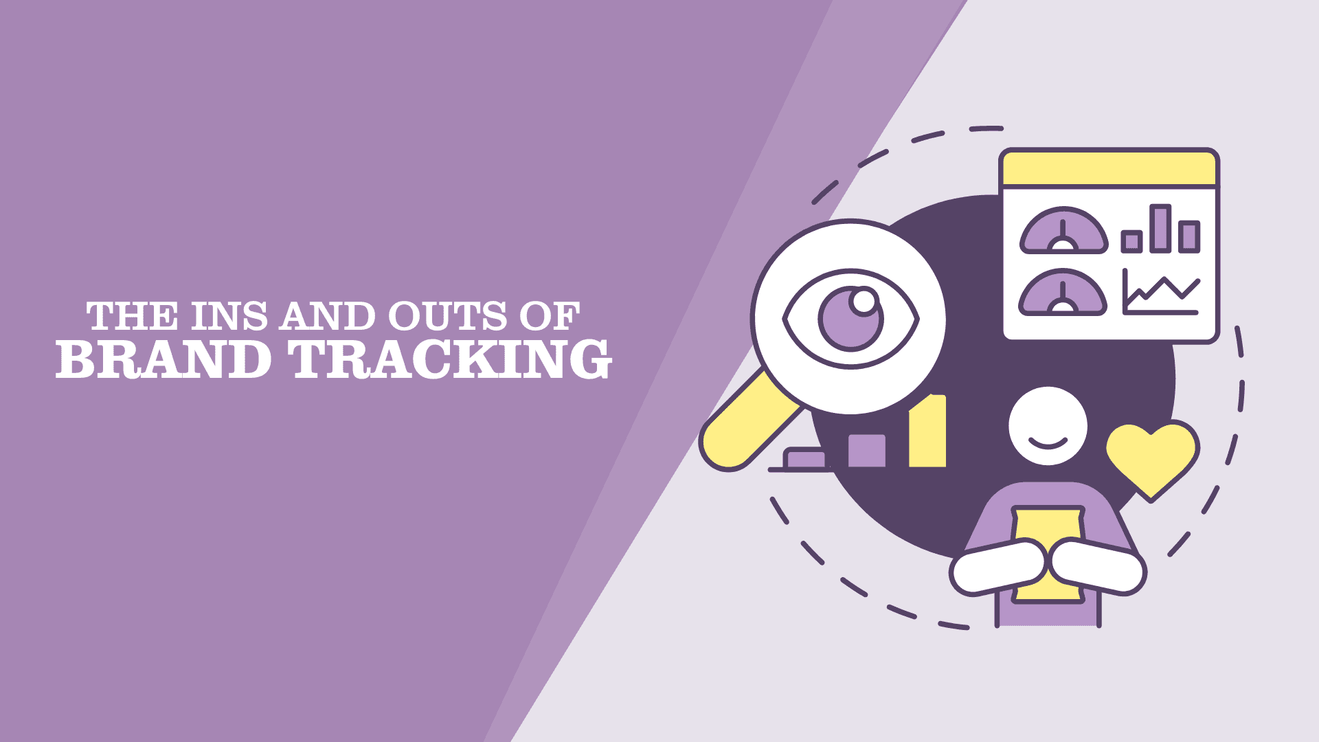 A hero image for Quno's blog post, "The Ins and Outs of Brand Tracking". This shows a vector image where there's a magnifying glass, a person holding a phone, and a dashboard showing some statistics.