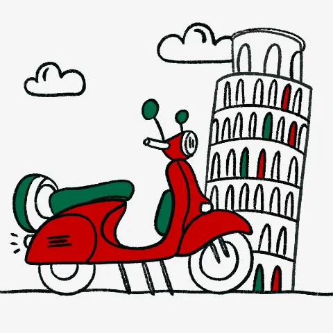 Vespa framför lutande tornet i Pisa