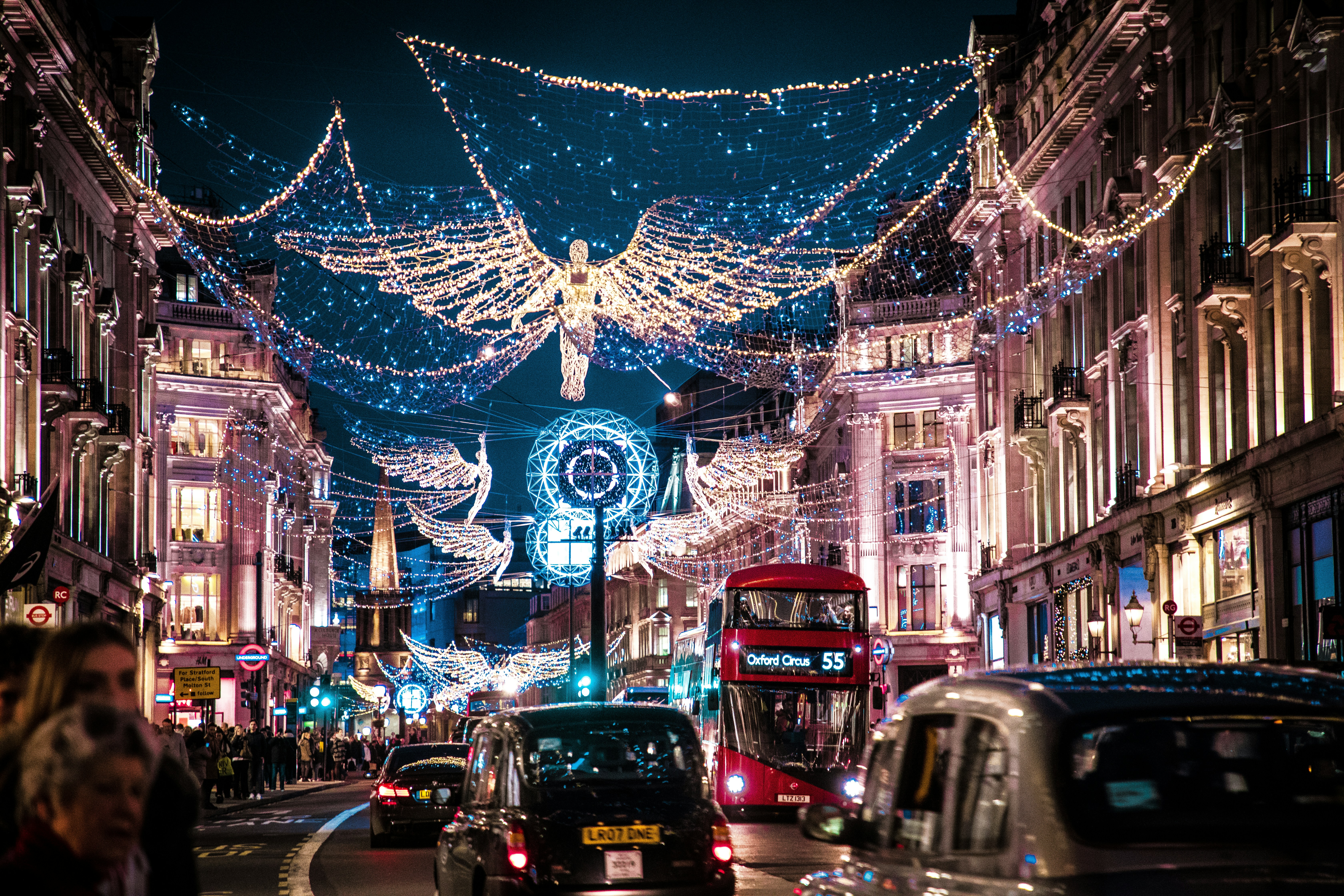 London decorated in festive holiday lights.