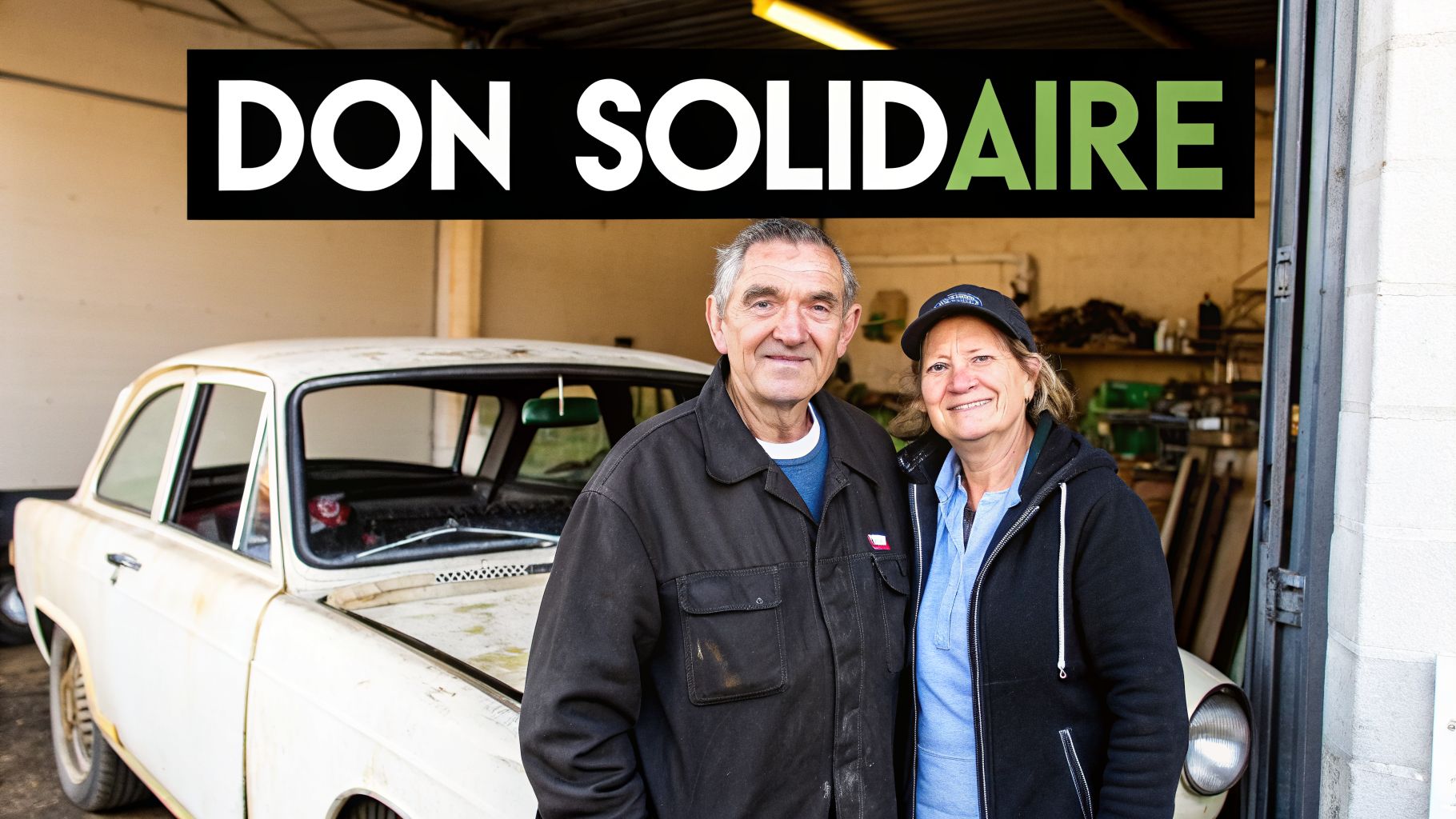 Un homme et une femme souriants posent devant une vieille voiture blanche et une bannière 