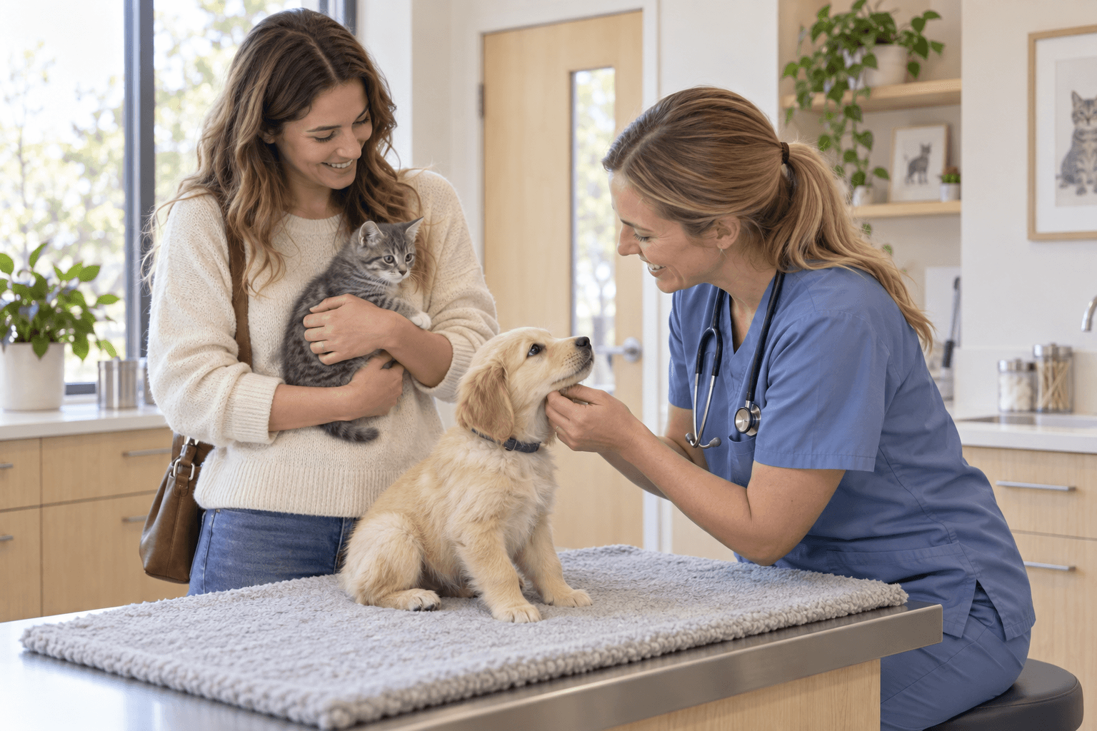 A veterinarian kneels beside a cream puppy and a grey kitten resting on a soft purple mat.