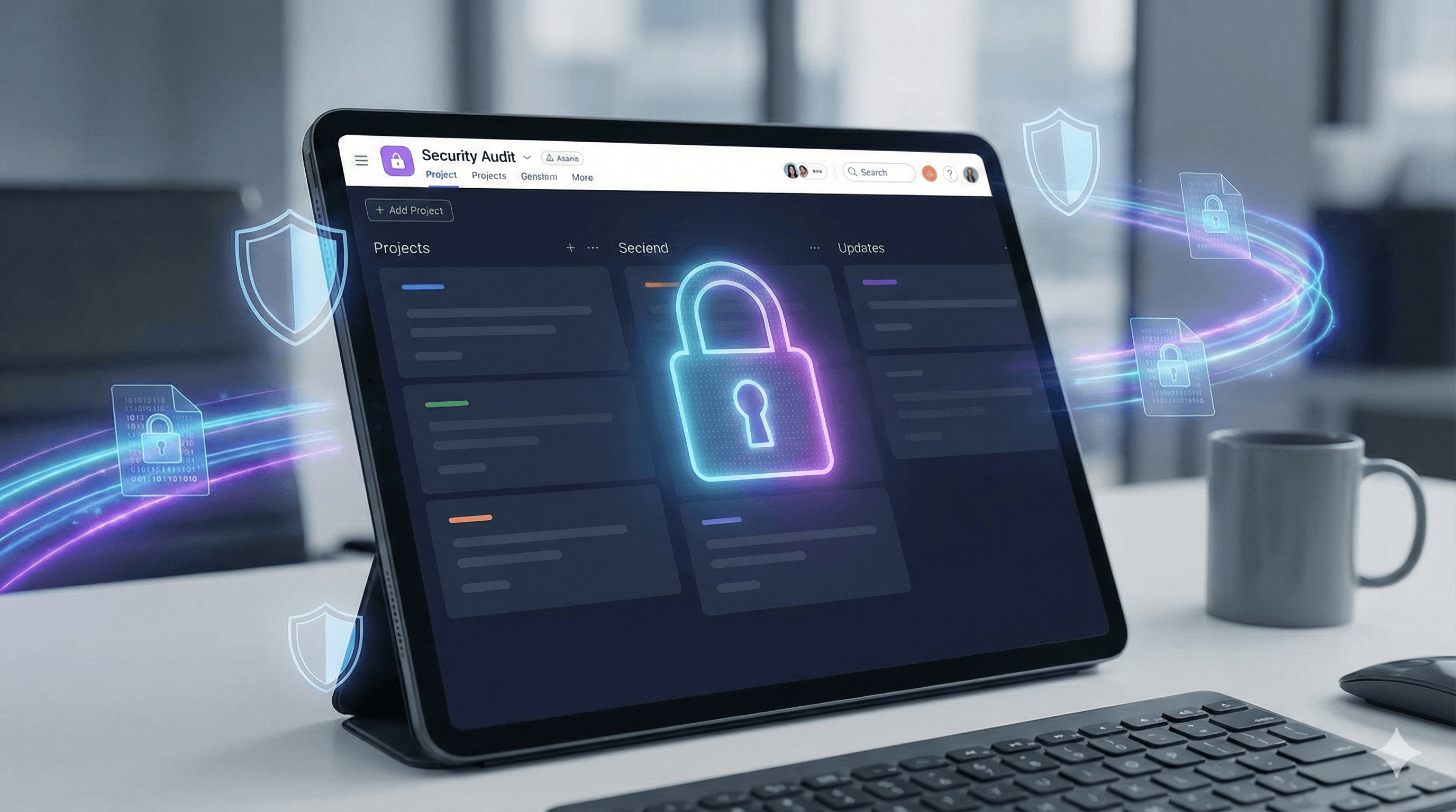 A futuristic computer tablet displays a digital dashboard titled "Security Audit," featuring a glowing padlock icon surrounded by floating shields, symbolizing advanced cybersecurity measures.