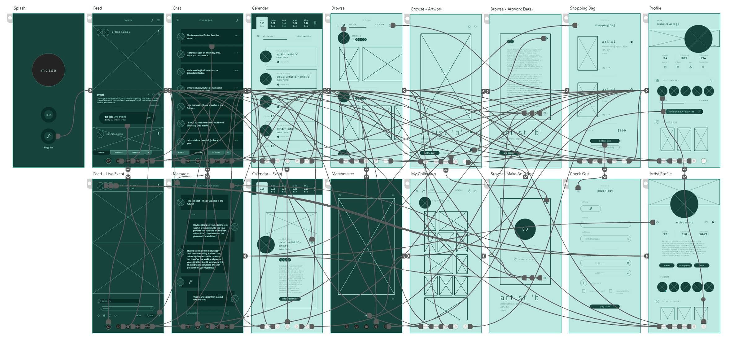 An initial prototype which implements a neutral color palette: white backgrounds for the marketplace and dark grey backgrounds for social functions.