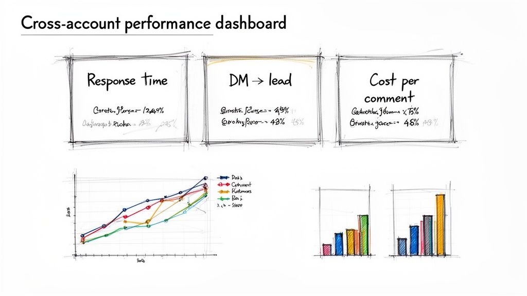 Hand-drawn sketch of a cross-account performance dashboard with key metrics and charts.