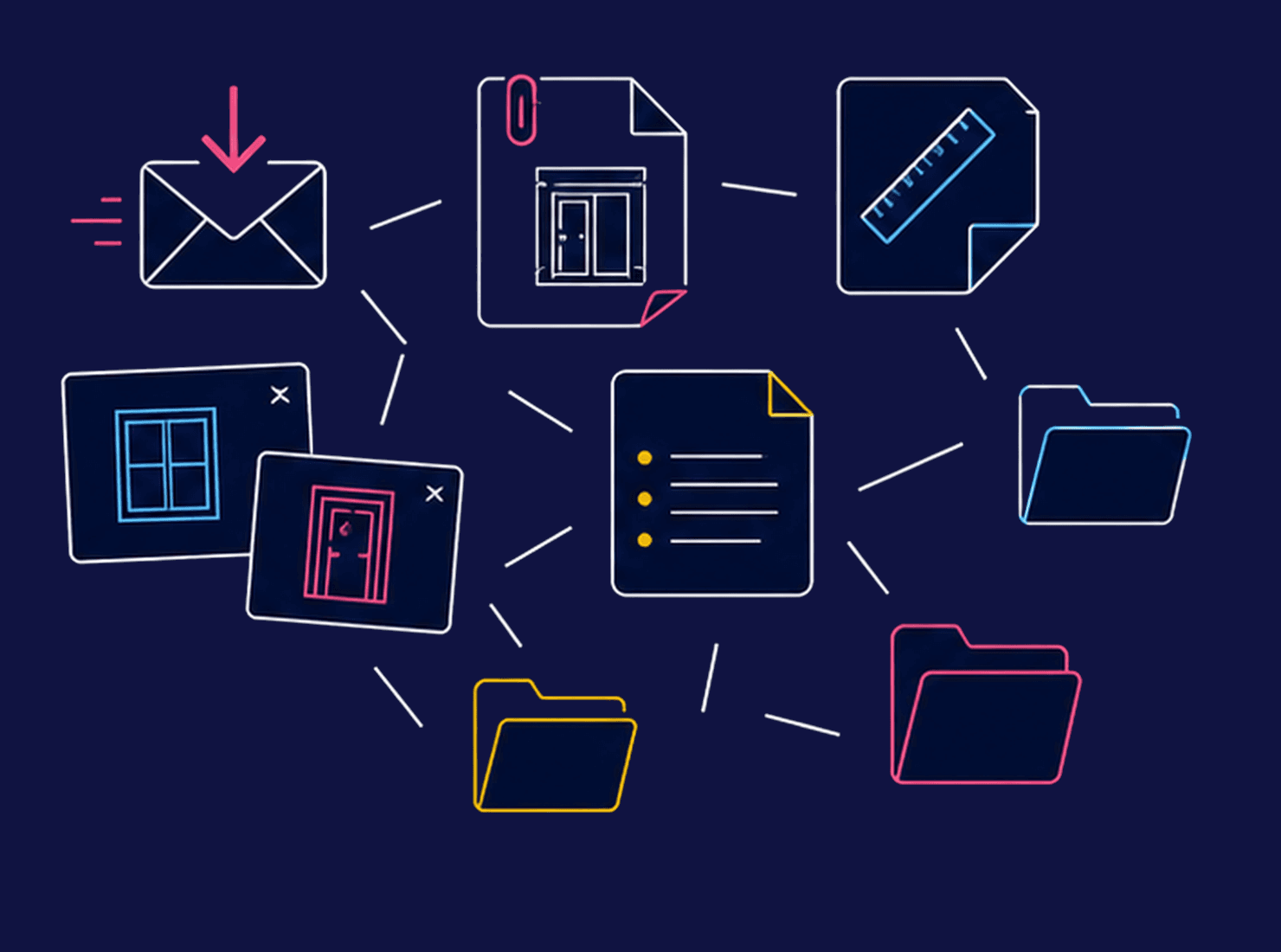 Illustratie van een STB-aanvraag met e-mail, maatvoering, foto's en notities verspreid over losse bestanden