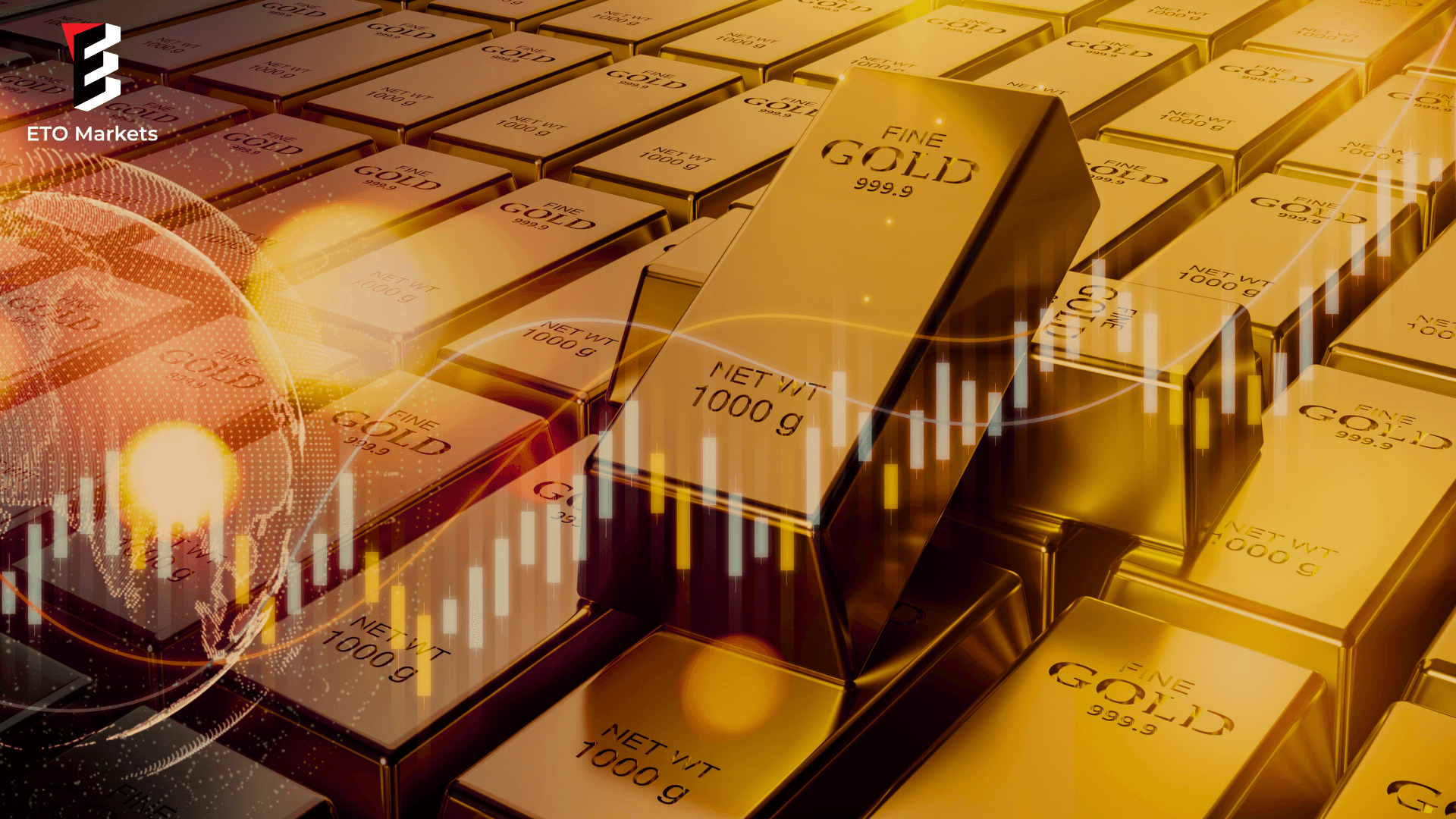 Business Gold future and financial concept.World economics and currency exchange in shiny gold bar arrangement in a row background.Money trade and safe haven marketplace.3D illustration rendering.