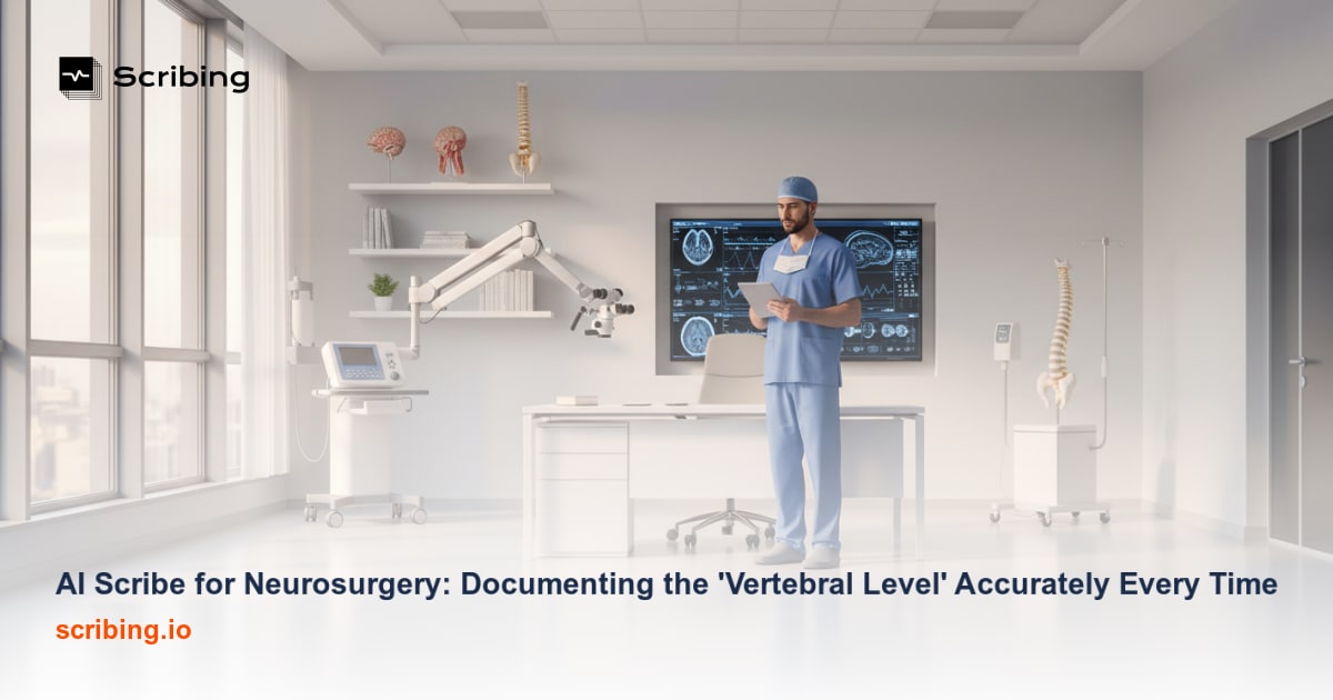 Spine model and MRI scan illustrating vertebral level documentation for AI-assisted neurosurgery charting
