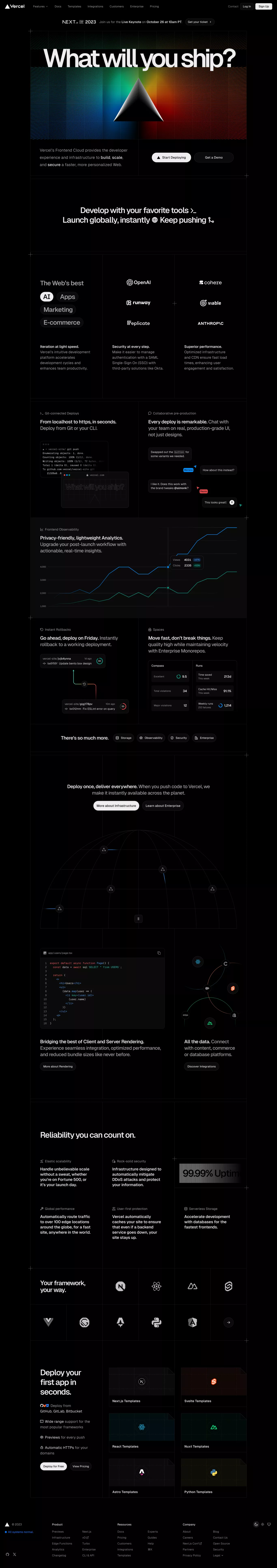 Vercel: Develop. Preview. Ship. For the landing page screenshot showcasing Tech design