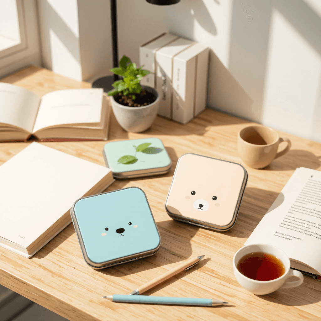 product photography of Two small square-shaped metal cases with cartoon animal designs