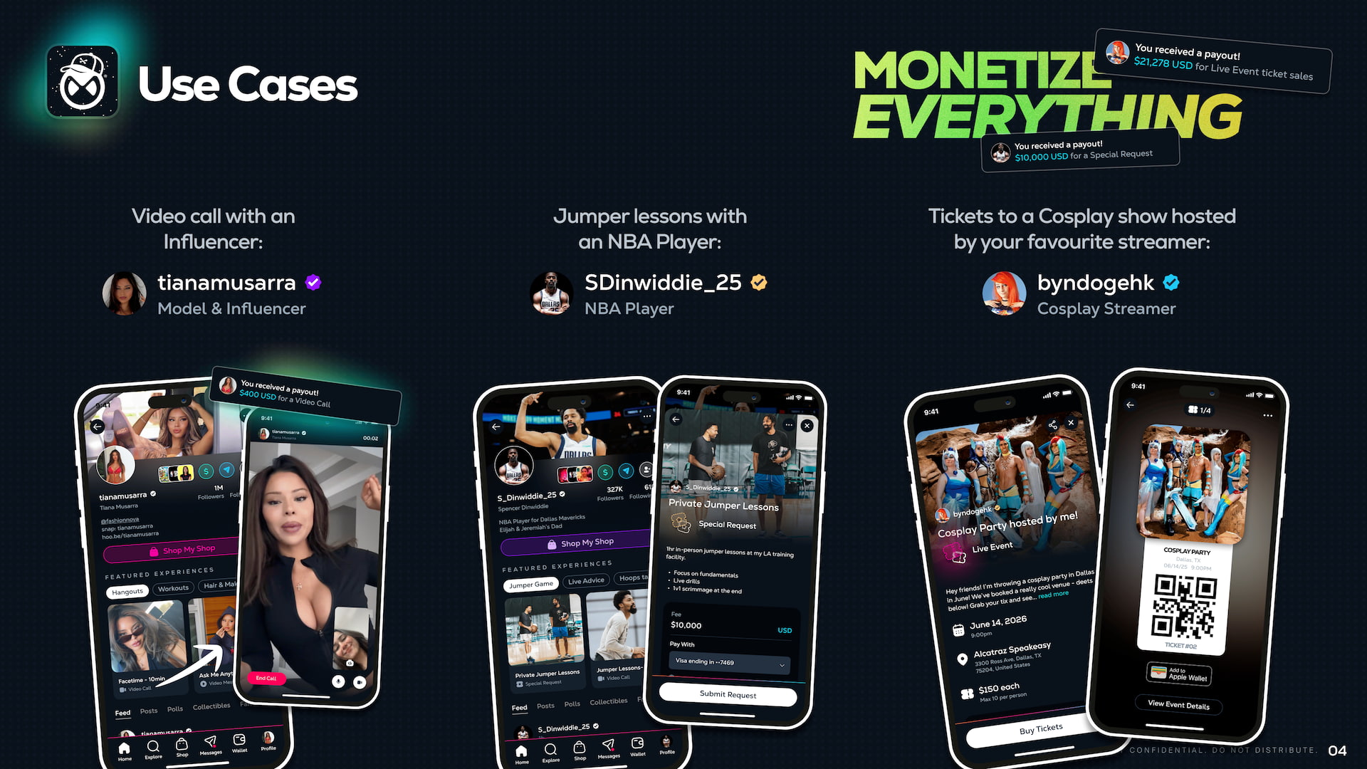 Calaxy pitch deck use cases slide - Monetize Everything showing creator revenue examples: influencer video calls ($400), NBA player jumper lessons ($10,000), and cosplay event tickets ($21,278)