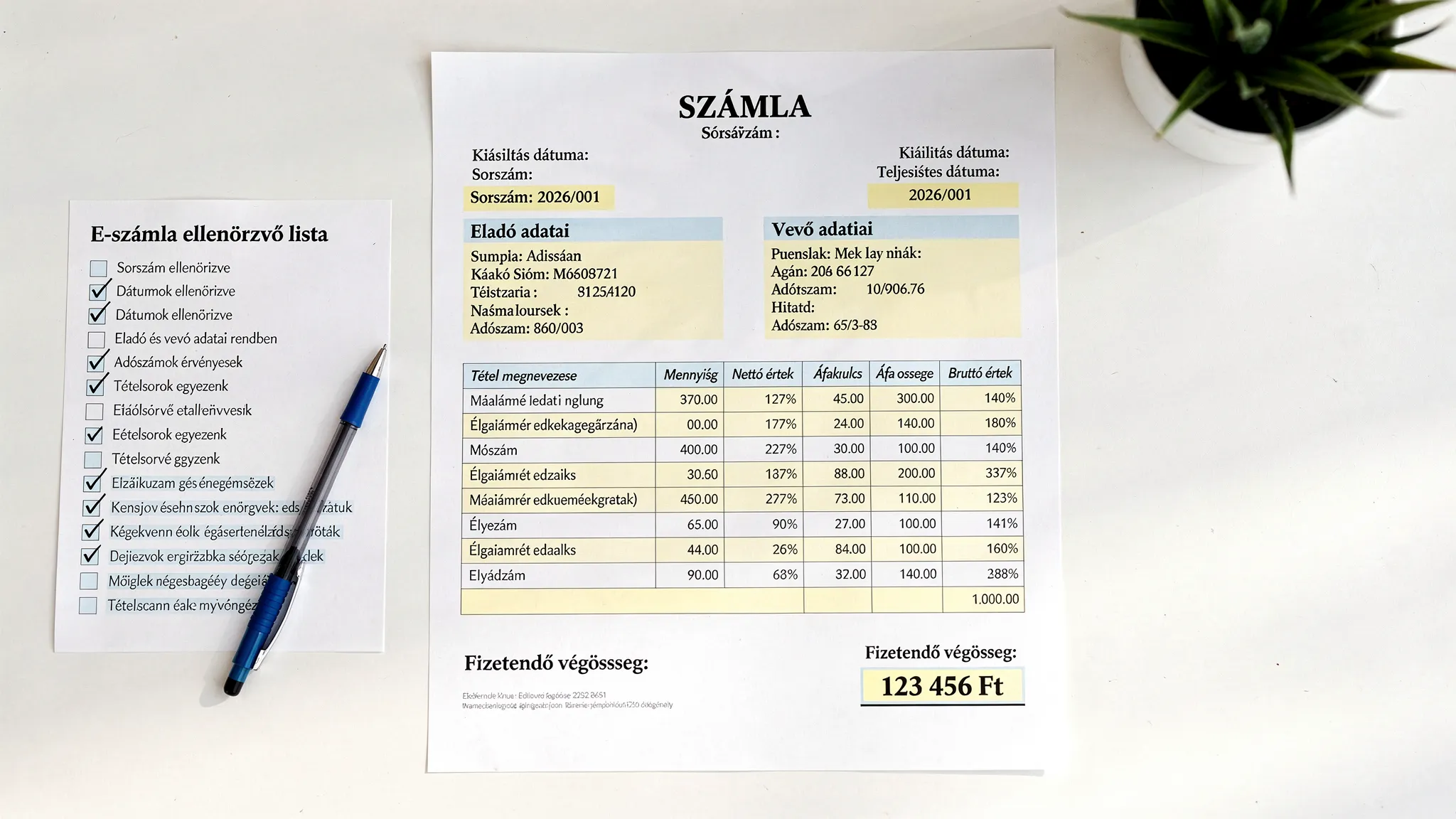 E-számla ellenőrző lista egy magyar nyelvű mintaszámlán kiemelt mezőkkel: sorszám, kiállítás dátuma, teljesítés dátuma, eladó és vevő adatai, adószámok, tételsorok, áfakulcs, áfa összege, fizetendő végösszeg.