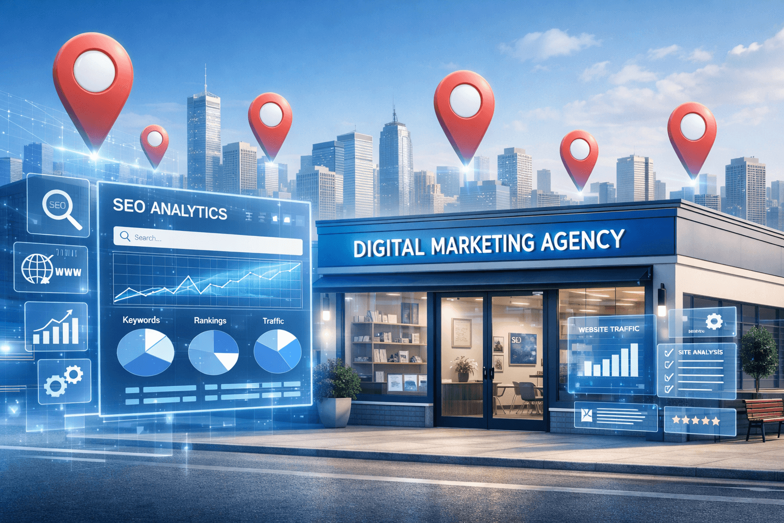 Modern local business storefront with holographic SEO dashboard, floating Google map pins above a city skyline, and clean blue-and-white digital marketing aesthetic in soft lighting.