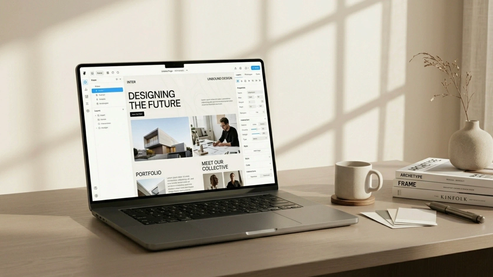 A modern laptop displaying a published high-performance Framer landing page with bold typography and a minimalist aesthetic.