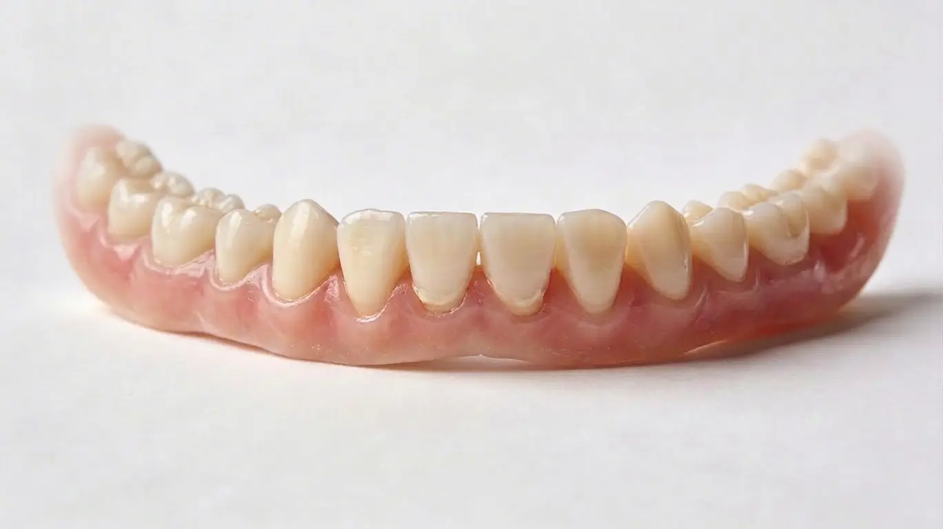 Alsó fogív modell fehér háttéren, a fogkő és az ínyvisszahúzódás jeleivel