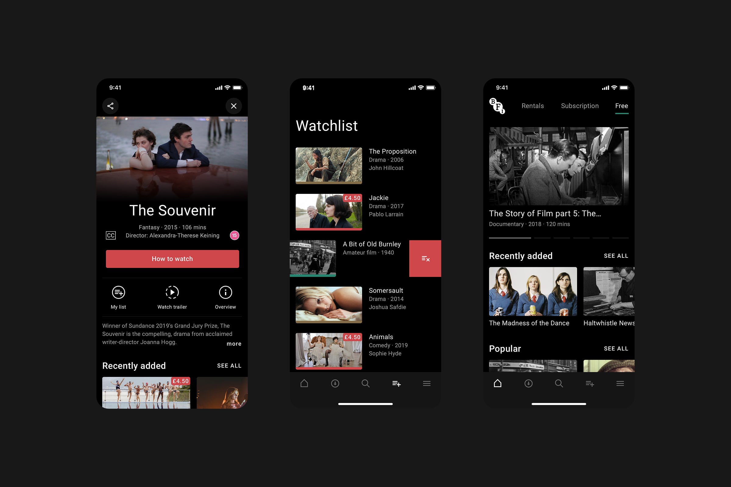 Three mobile screens from the BFI Player app showing a film detail page for The Souvenir, the watchlist view with multiple titles, and the home screen browsing free content.