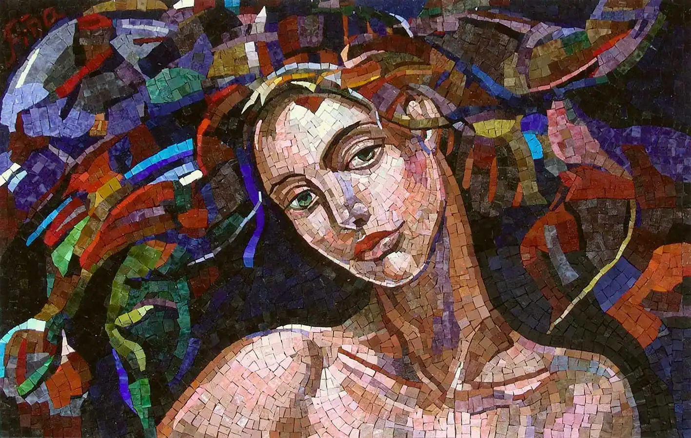 Beautiful mosaic glass portrait of a woman with flowing hair, vibrant colors, and intricate tile det.