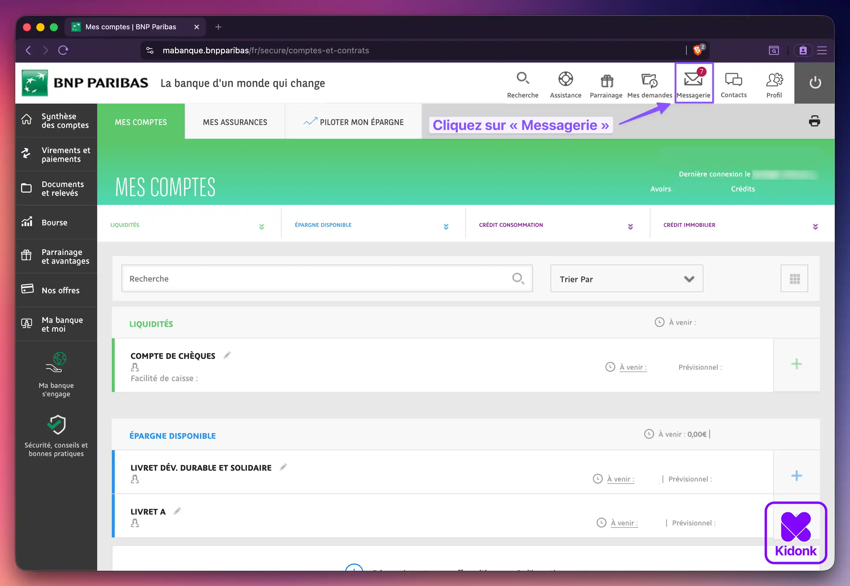 Navigateur web affichant la page d'accueil de l'espace client BNP Paribas