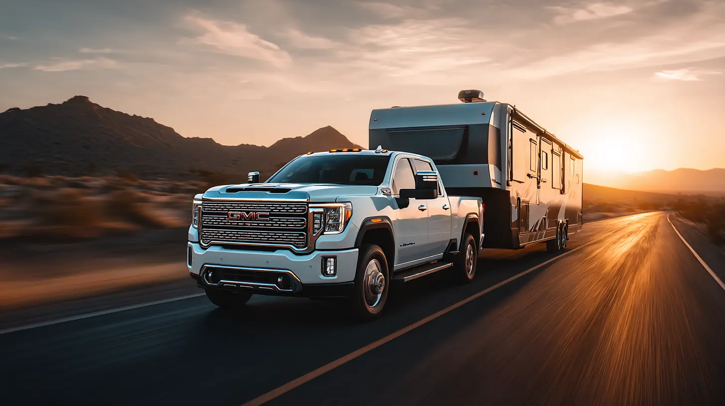 White pickup truck towing a luxury travel trailer RV on a highway during a scenic sunset.