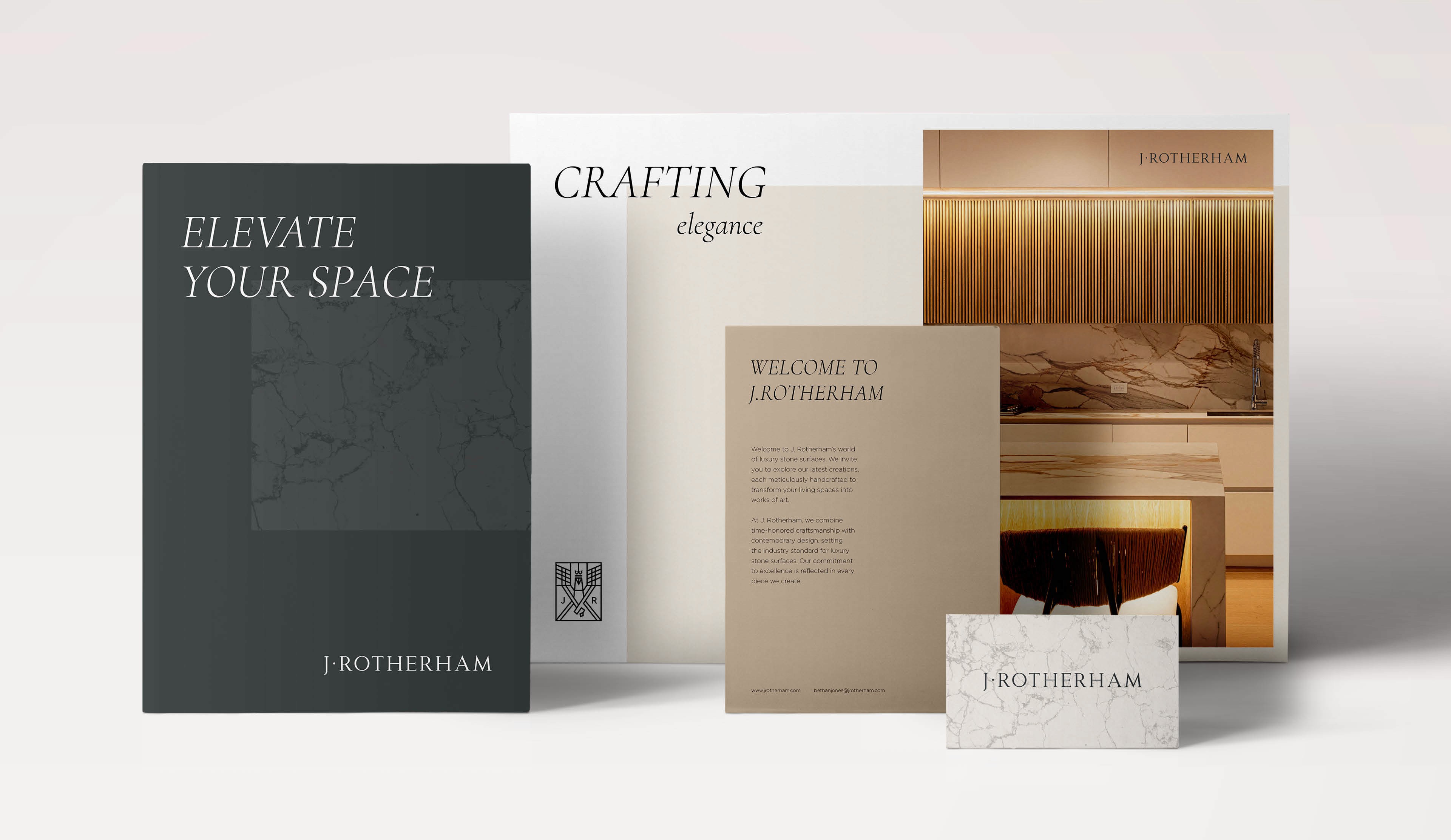 Luxury brand identity system featuring stationery, packaging, typography and premium printed collateral designed for a cohesive brand experience