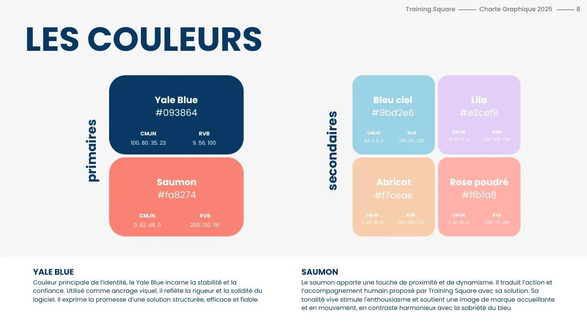 Couleurs principales et secondaires de la charte graphique Training Square.