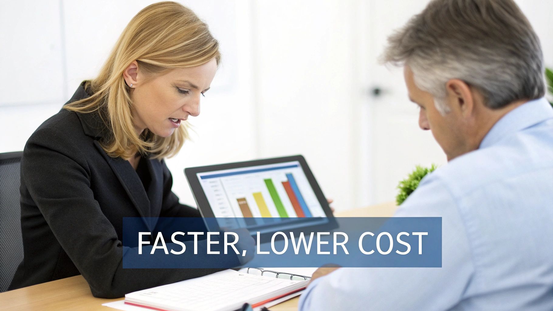 Two business professionals discussing data on a tablet with a bar graph, emphasizing faster and lower cost solutions.