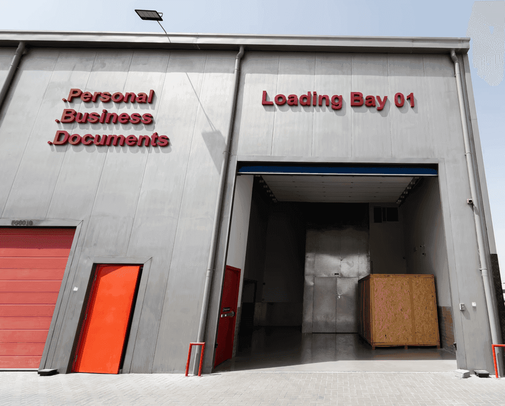 Large exterior loading bay of a modern storage facility.